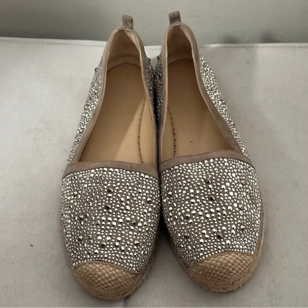 Stuart Weitzman Rockon Rhinestone Studded Espadrille Flats Silver Tan Women 7